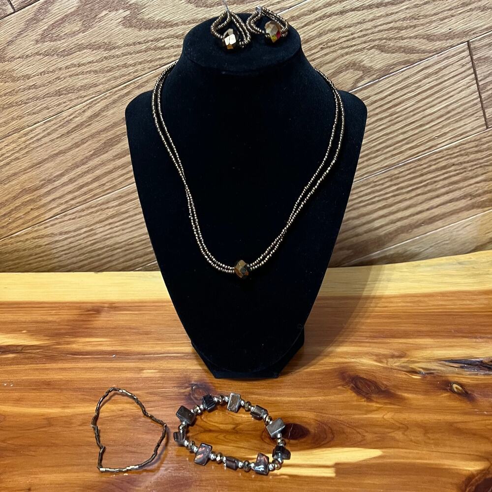 Bronze Tone Beaded Jewelry Full Set Necklace Earrings‎ Bracelets Statement